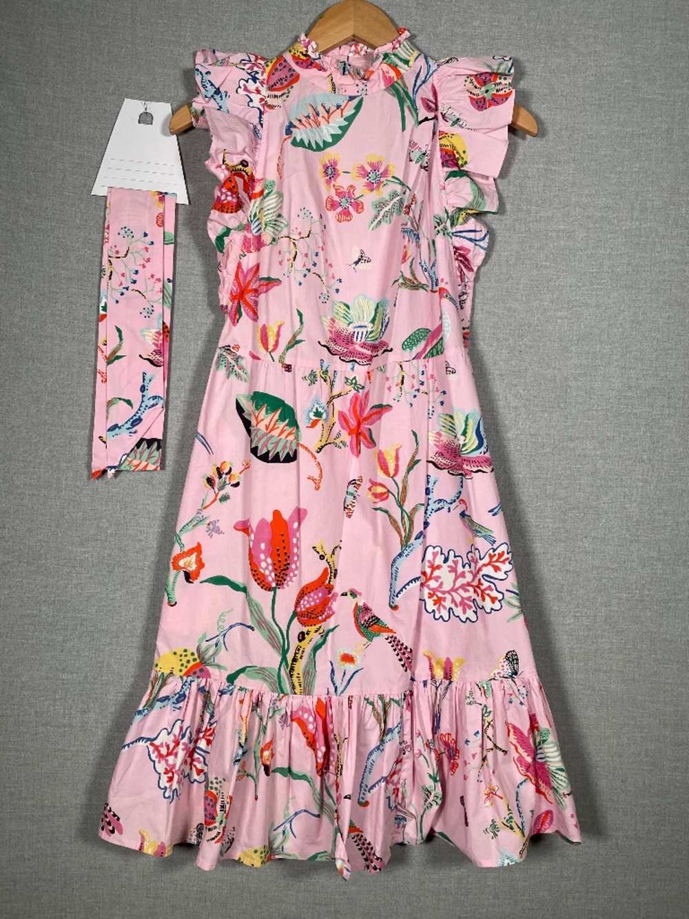 Banjanan Pink Floral Ruffle Cotton Midi Dress Bulbul Birds Tulip Coral Sz XS